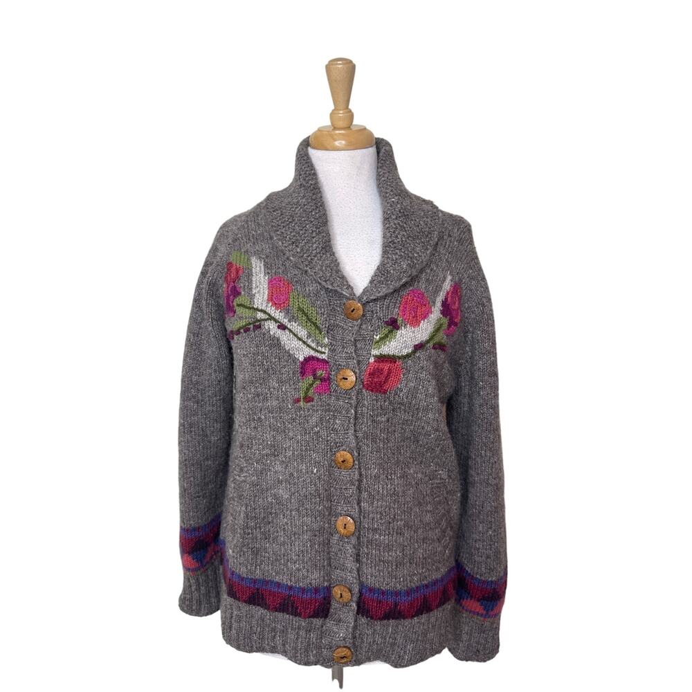 LOST HORIZONS 100% Wool Western Floral Button Up Cardigan BROWN Size XS